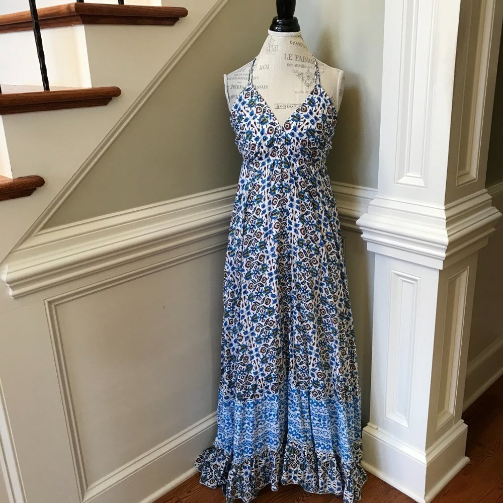Roberta Roller Rabbit Marble Lois Maxi Dress Womens Small Blue V-Neck Sleeveless - Picture 2 of 14